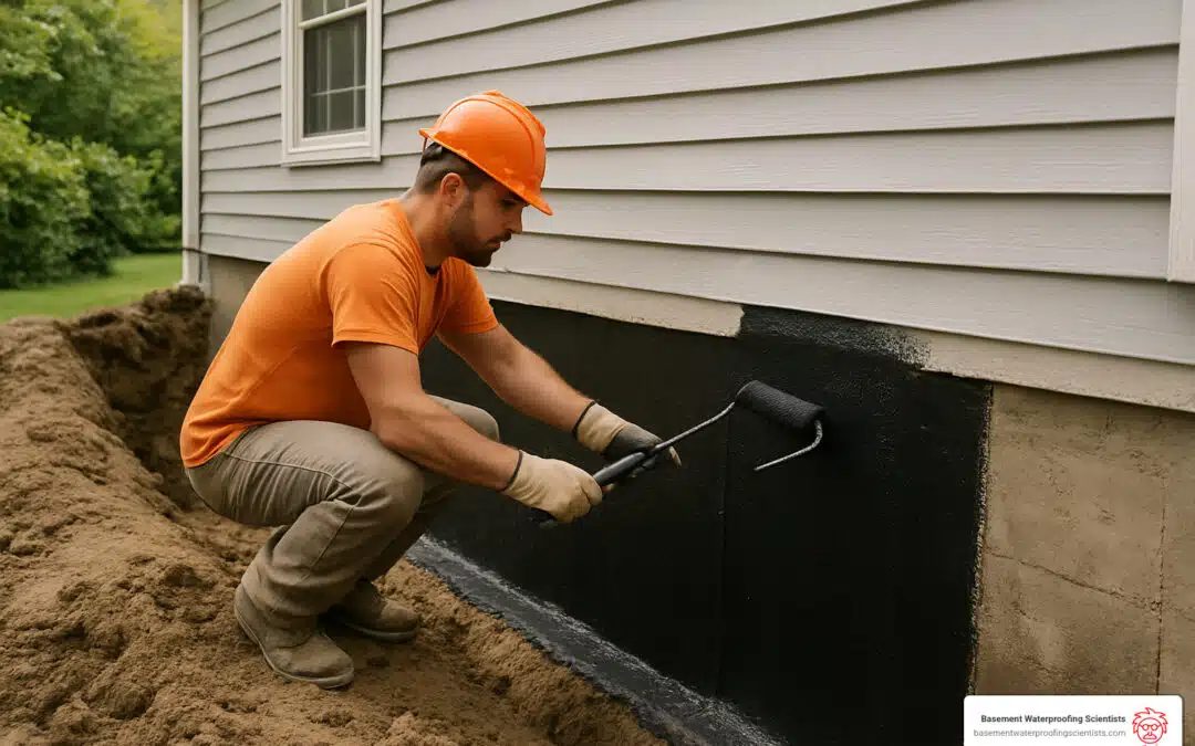 Waterproofing contractor applying coating to a foundation wall